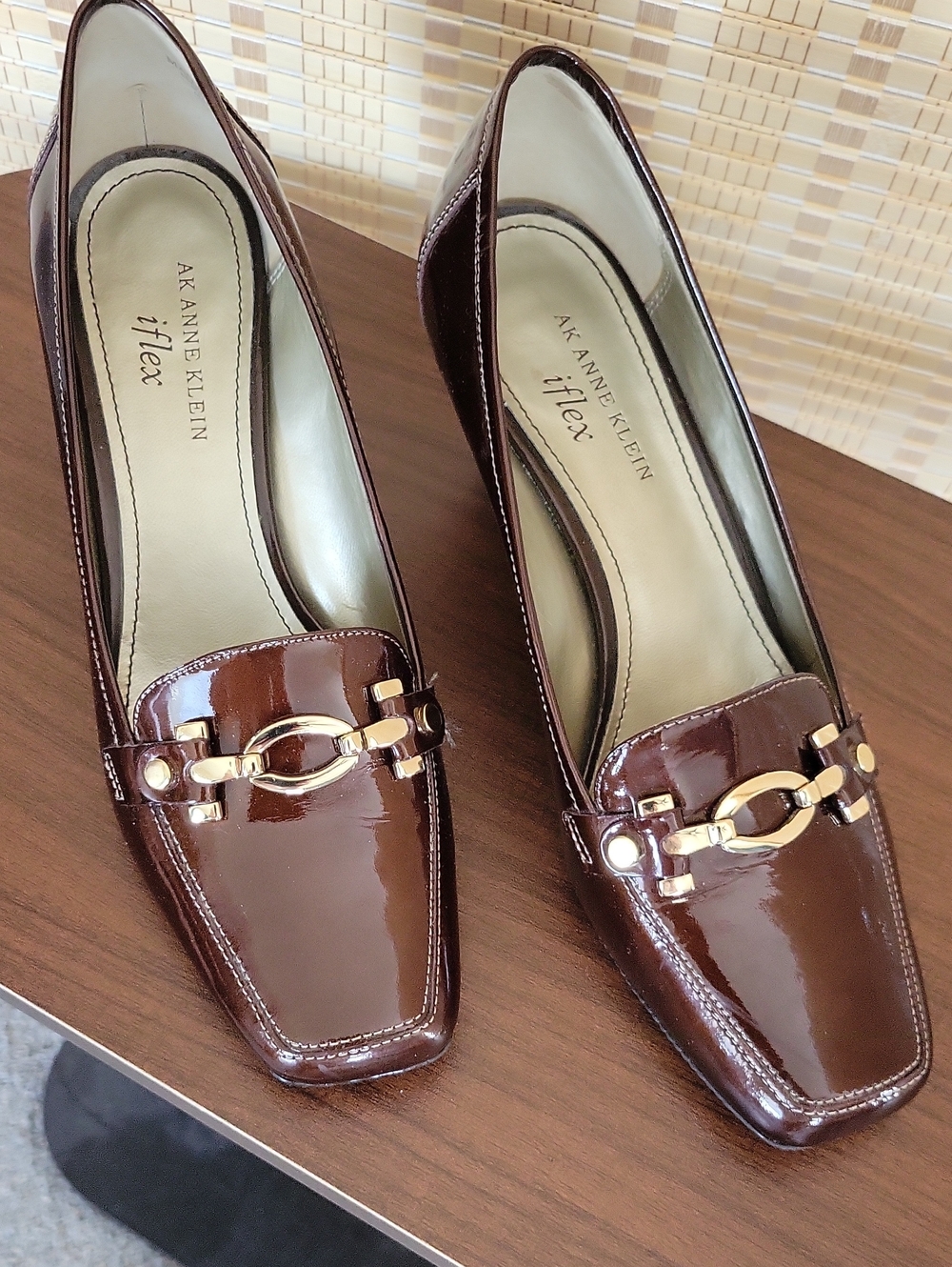 AK Anne Klein iflex Brown Patent Wedge Loafers with Gold Hardware